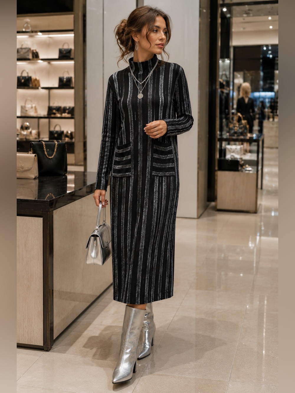 Stripe Pattern Dual Pocket Sweater Dress Without Belt Size M